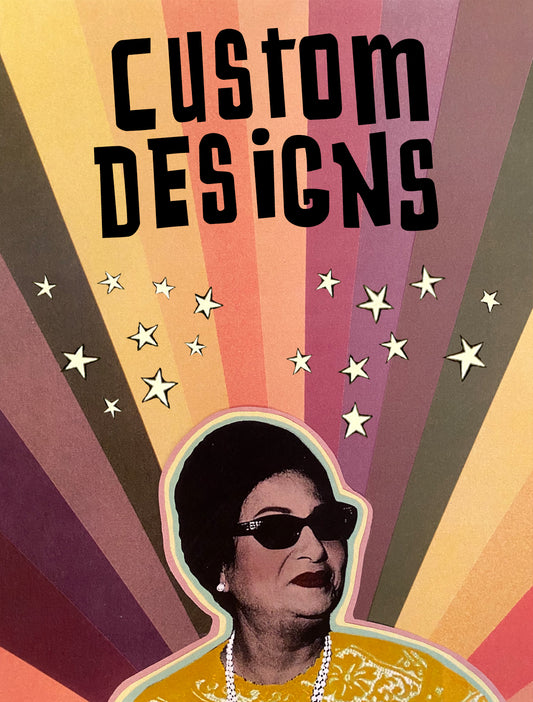 Custom candle with a design featuring a Oum Kalthoum, with a background of colorful rays and stars. The text 'CUSTOM DESIGNS' is prominently displayed.